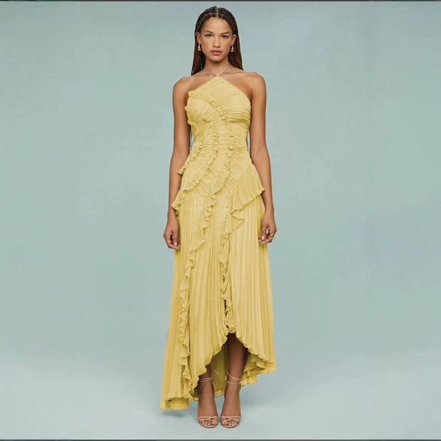 Pleated Ruffled Halter Backless A- Hem Chiffon Elegant Dress