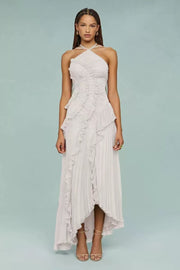 Pleated Ruffled Halter Backless A- Hem Chiffon Elegant Dress