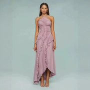 Pleated Ruffled Halter Backless A- Hem Chiffon Elegant Dress