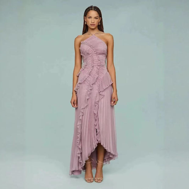 Pleated Ruffled Halter Backless A- Hem Chiffon Elegant Dress