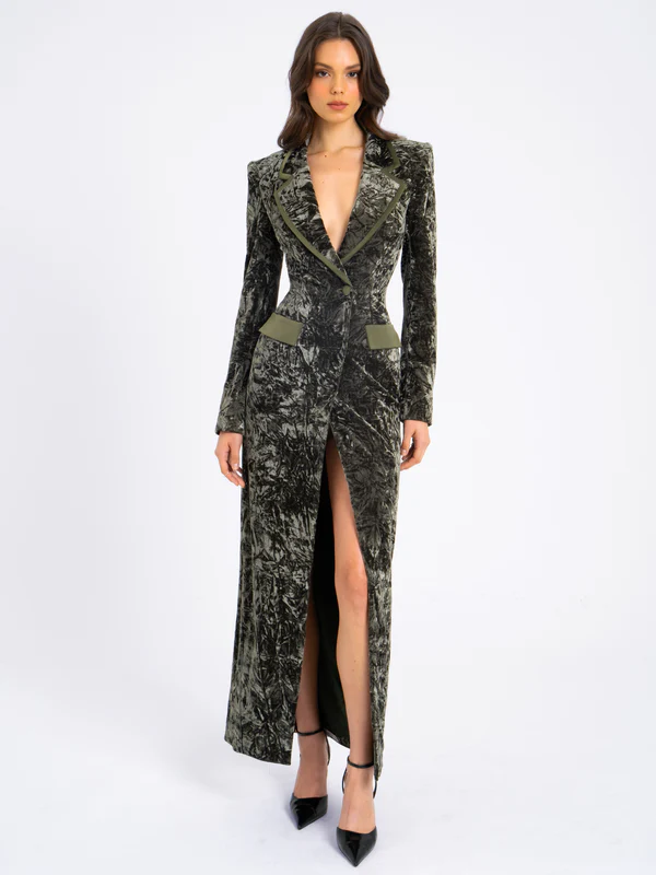 Fashion Long Sleeve Waist Button Deep V Printed Woolen Coat