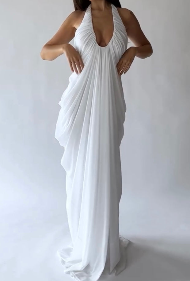 Graceful and Fashionable Halter U Collar Pleated Bubble Skirt