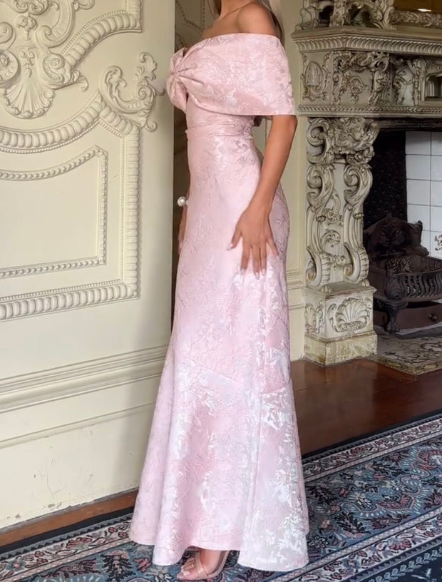 Sexy off-Neck Bow Printed Waist-Controlled Dress
