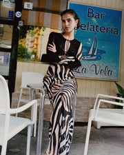 Sexy Slim-Fit Low-Cut Black and White Zebra Print Chiffon Dress