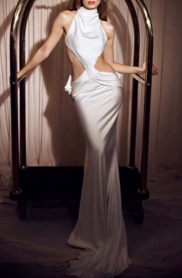 Elegant Halter Sleeveless Hollow out Split Slimming Satin Dress