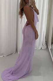 Sexy Halter Three-Dimensional Flower Swing Collar Sheath Solid Color Dress