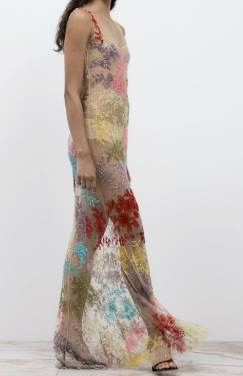 Sexy Straps Tulle Printed Embroidered Beads Sheath Dress