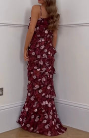 Elegant Oblique Shoulder Printed Ruffled Dress