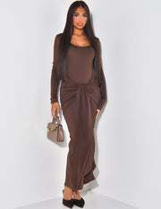 Sexy Long Sleeve Slim-Fit Pleated Lace-up Solid Color Dress