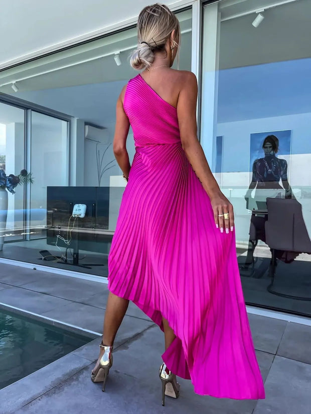 Full Size Single Shoulder Pleated Midi Dress Plus Size