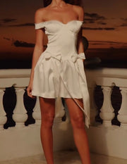 Pure Desire Style Bow Bandage Bud Short Skirt White Sexy Hot Girl Fitted Waist Backless Satin Sling Dress