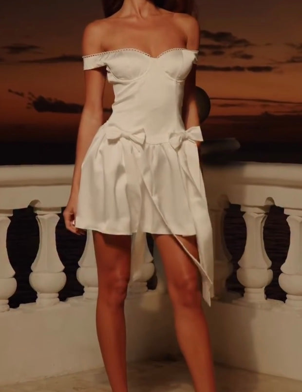 Pure Desire Style Bow Bandage Bud Short Skirt White Sexy Hot Girl Fitted Waist Backless Satin Sling Dress