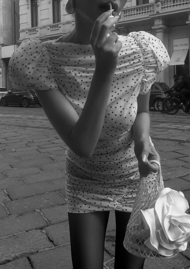 Polka Dot Padded Shoulder Pleated Dress