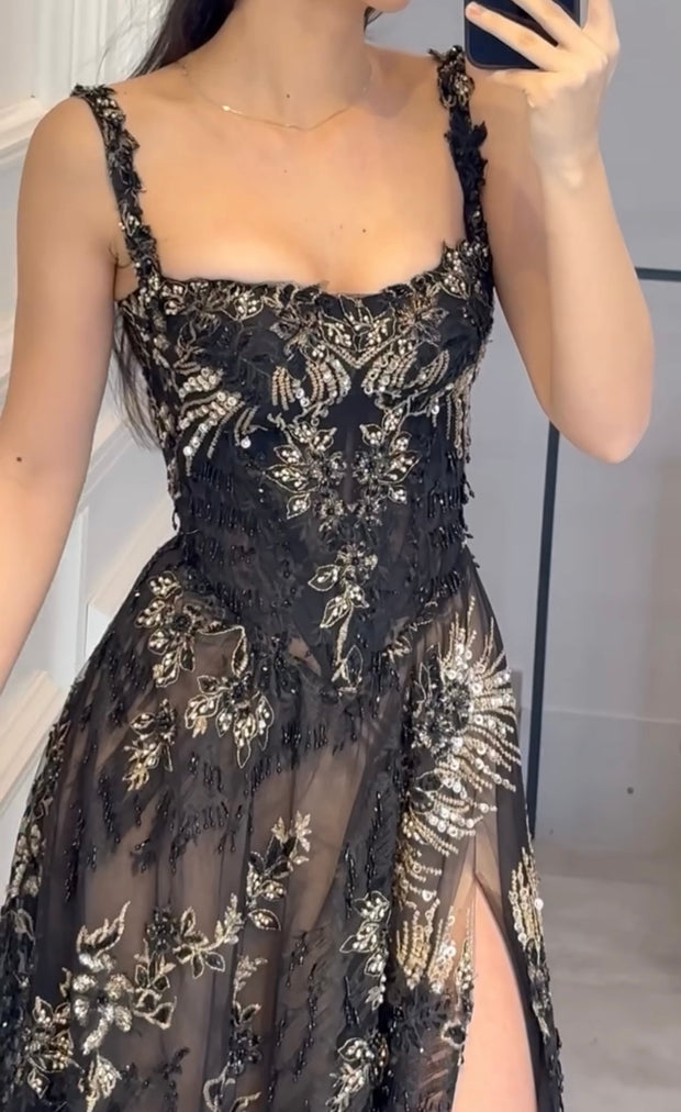 Temperament Camisole Machine Embroidery Diamond Embroidered Mesh Slightly See-through Dress