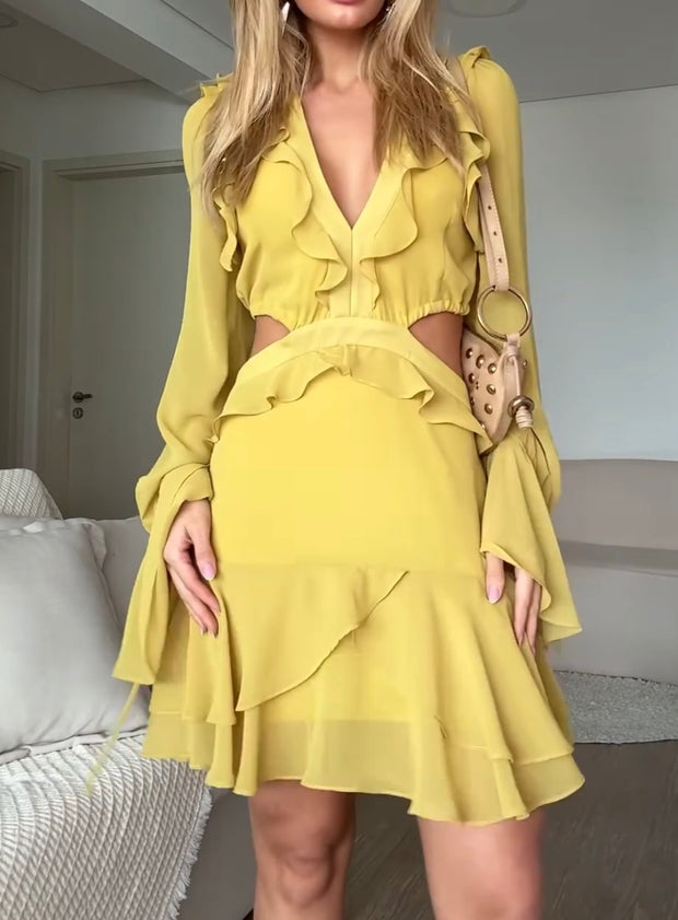 Long Sleeve Ruffled Flared Sleeves Hollow out for See-through Dress