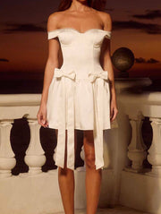 Pure Desire Style Bow Bandage Bud Short Skirt White Sexy Hot Girl Fitted Waist Backless Satin Sling Dress