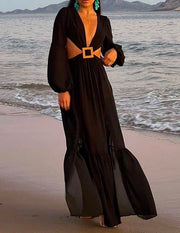 Long Sleeve Midriff Outfit Exposed Sexy Slit Dress