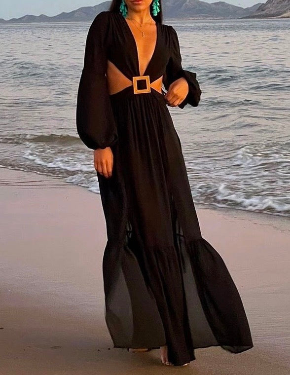 Long Sleeve Midriff Outfit Exposed Sexy Slit Dress