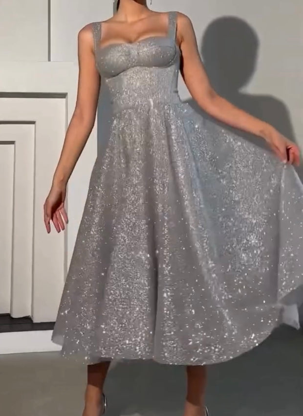 Shoulder Strap Tulle Mid-Length Dress