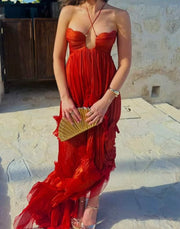 Sexy Neck Wrap Chest Pleated Mesh Dress