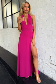 Halter neck V-neck strappy backless slit dress