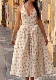 U Collar Halter Backless Floral Pleating Dress