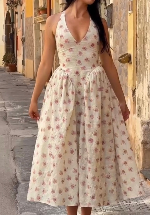 U Collar Halter Backless Floral Pleating Dress