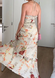 Sexy Halter Chest-Wrapped Printed Ruffled Backless Dress
