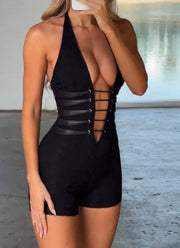 Sexy Lacing Solid Color Slim Fit Bodysuit