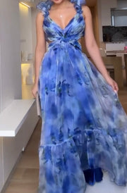 Chiffon Ruffled Printed Pleated Dress