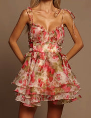 Sexy Spaghetti-Strap Floral Print Pleated Mesh Dress