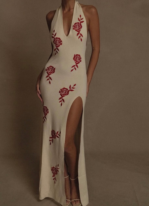 Elegant V-neck Printing Slip Dress
