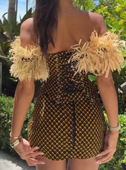 Sexy Bandeau Furry Sleeves Sheath Mini Skirt