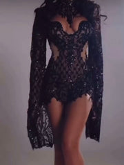 Sexy Bandeau Long Sleeve Sequin Bead Mesh Hollow Dress