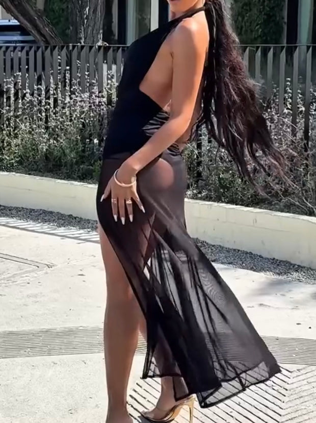 Fashion Sexy Cutout Deep V Halter Collage Tulle Skirt Side Waist Dress