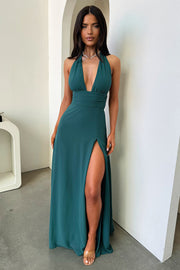 Halter neck V-neck strappy backless slit dress