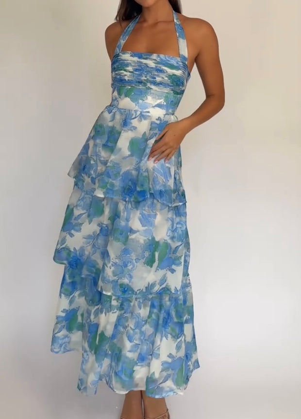 Elegant Spaghetti Straps Chest Wrap Printed Ruffled Dress