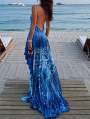 Beautiful Halter Waist Trimming Printing Slimming Dress