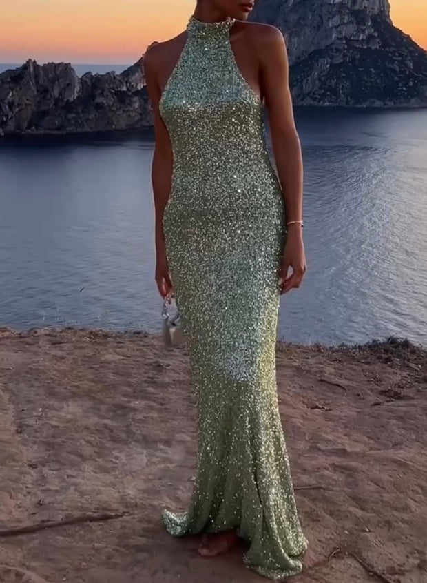 Halter Backless Slim Fit Temperament Entry Lux Sequined Waist Sheath Fishtail Skirt