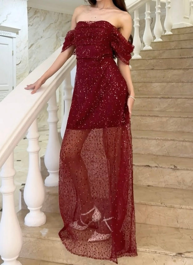 Elegant Boat-Neck Mesh Shiny See-through Dress
