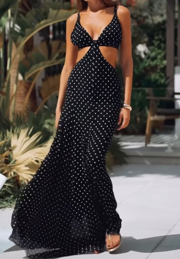 Sexy V-neck Brace Hollow Polka Dot Dress