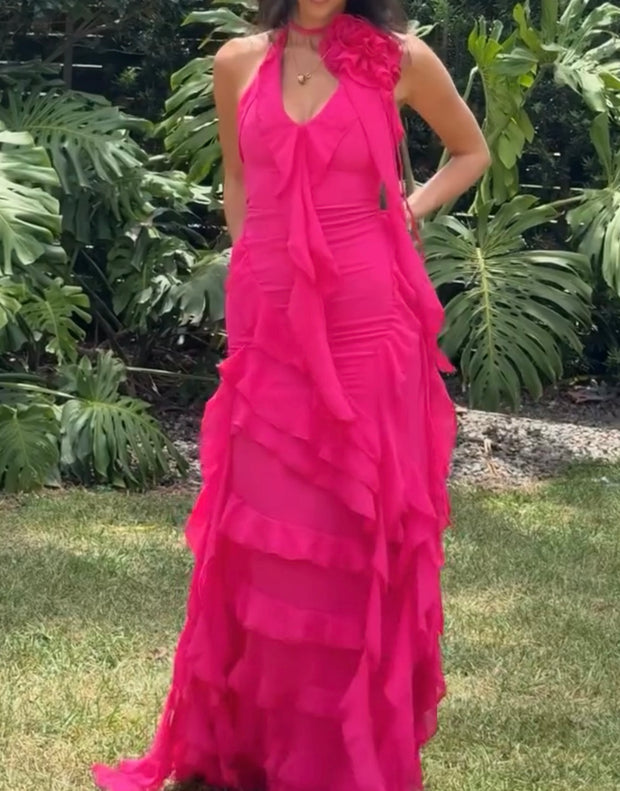 Sexy Halter Ruffled Three-Dimensional Flower Pleated Dress
