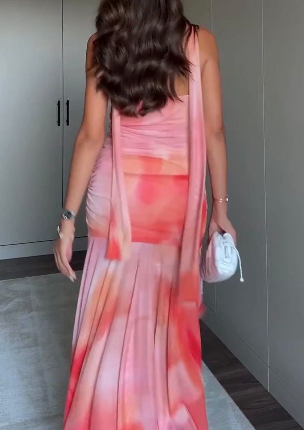 Sexy Tube Top Printed Pleated Ruffled Dress