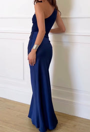 Fashion Sexy Oblique Shoulder Pleated Stitching Satin Skirt Temperament Dress