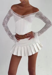 Sexy Long Sleeve Lace Fishbone Pleated Skirt Outfit