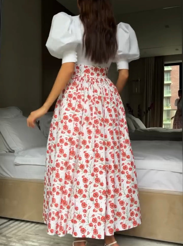 Printed Peter Pan Collar Waist Slimming Graceful Puff Sleeve Dress