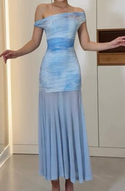 Blue Grenadine off-Shoulder Slim-Fit Sheath Dress