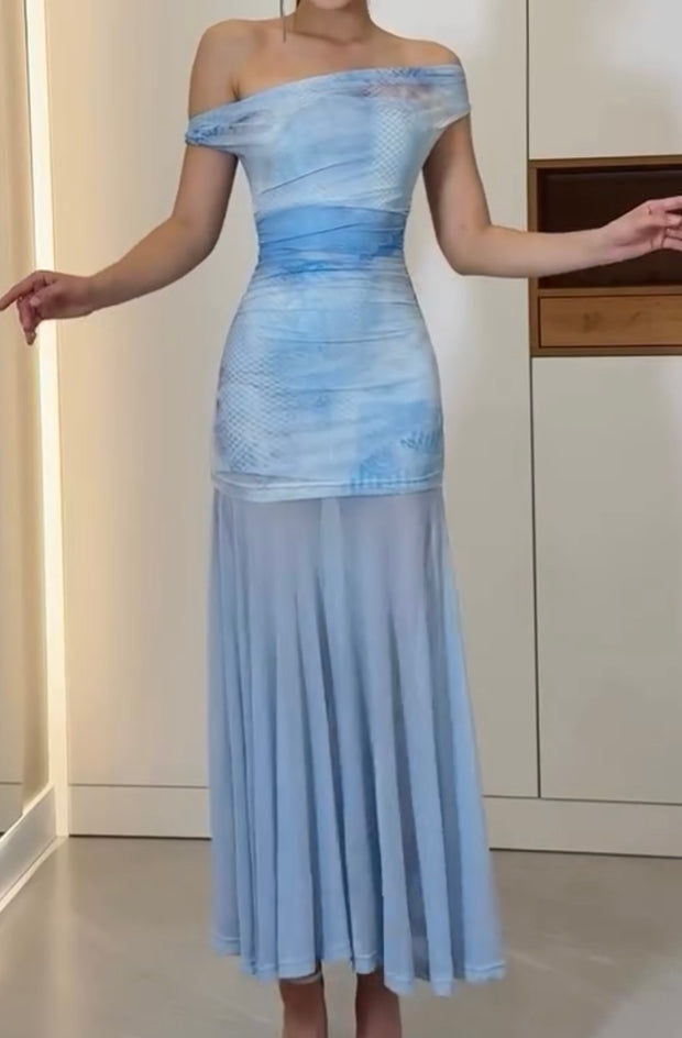 Blue Grenadine off-Shoulder Slim-Fit Sheath Dress