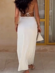 Sexy Halter Deep V Swing Collar Pure Color Split Dress