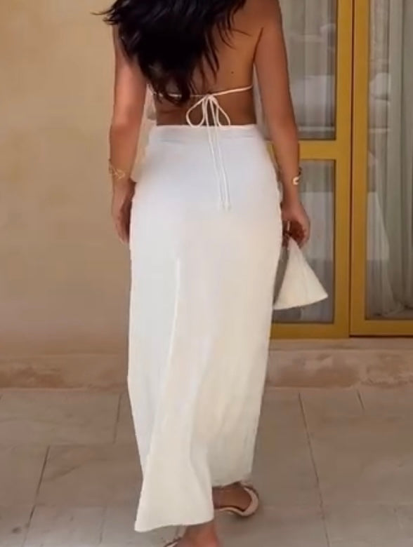 Sexy Halter Deep V Swing Collar Pure Color Split Dress
